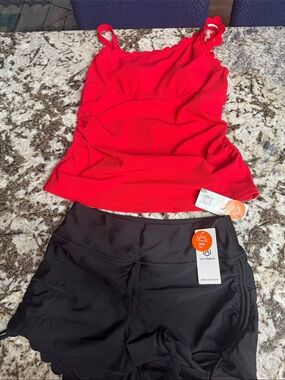 Trac Red Tankini Top with Black Swim Skort Set